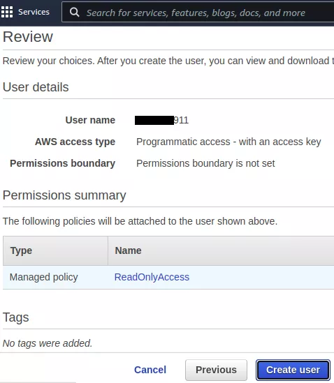 review AWS user settings